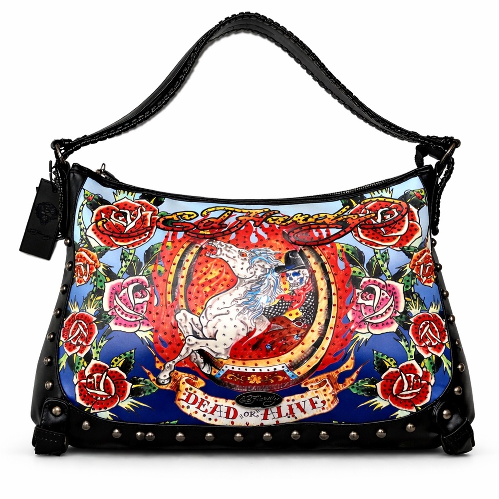 Ed Hardy Multicolor Floral & Horse Hobo Bag with Black Trim